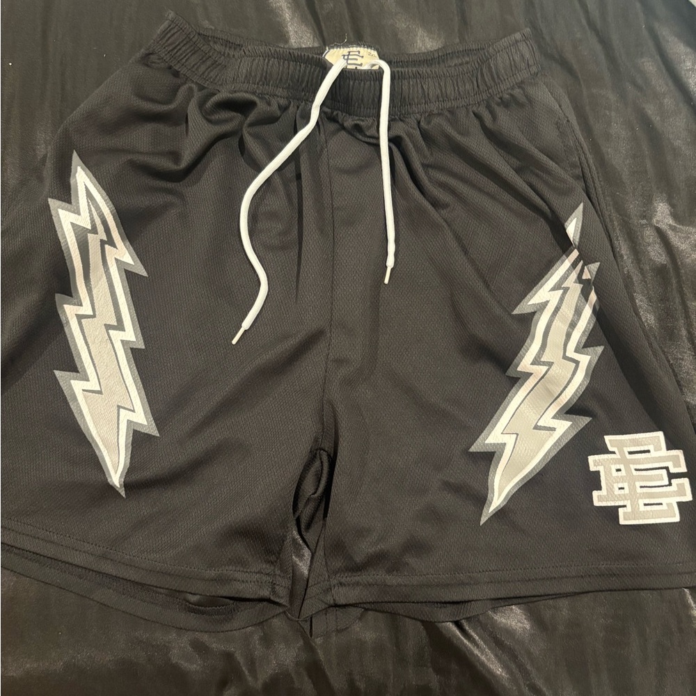 Eric Emanuel Black and Silver Athletic Shorts with Lightning Bolt Design